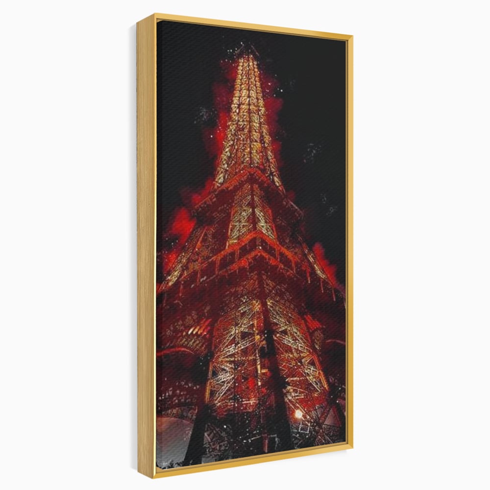 Tablou canvas cu tablou canvas cu turnul eiffel in nuante de rosu, in rama de aluminiu auriu